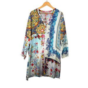 Johnny was 100% Silk floral paisley tunic button top boho sz M